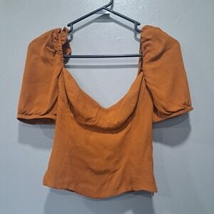 Wilfred Aritzia Rust Orange Puff Sleeve Smocked Back Blouse Top Bustier Small